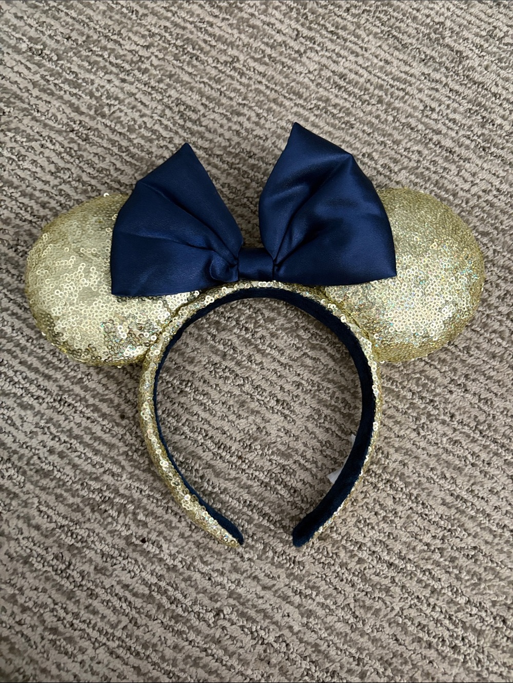 Gold Sequin Minnie Ears Headband with Navy Bow from Disney Worlds 50th